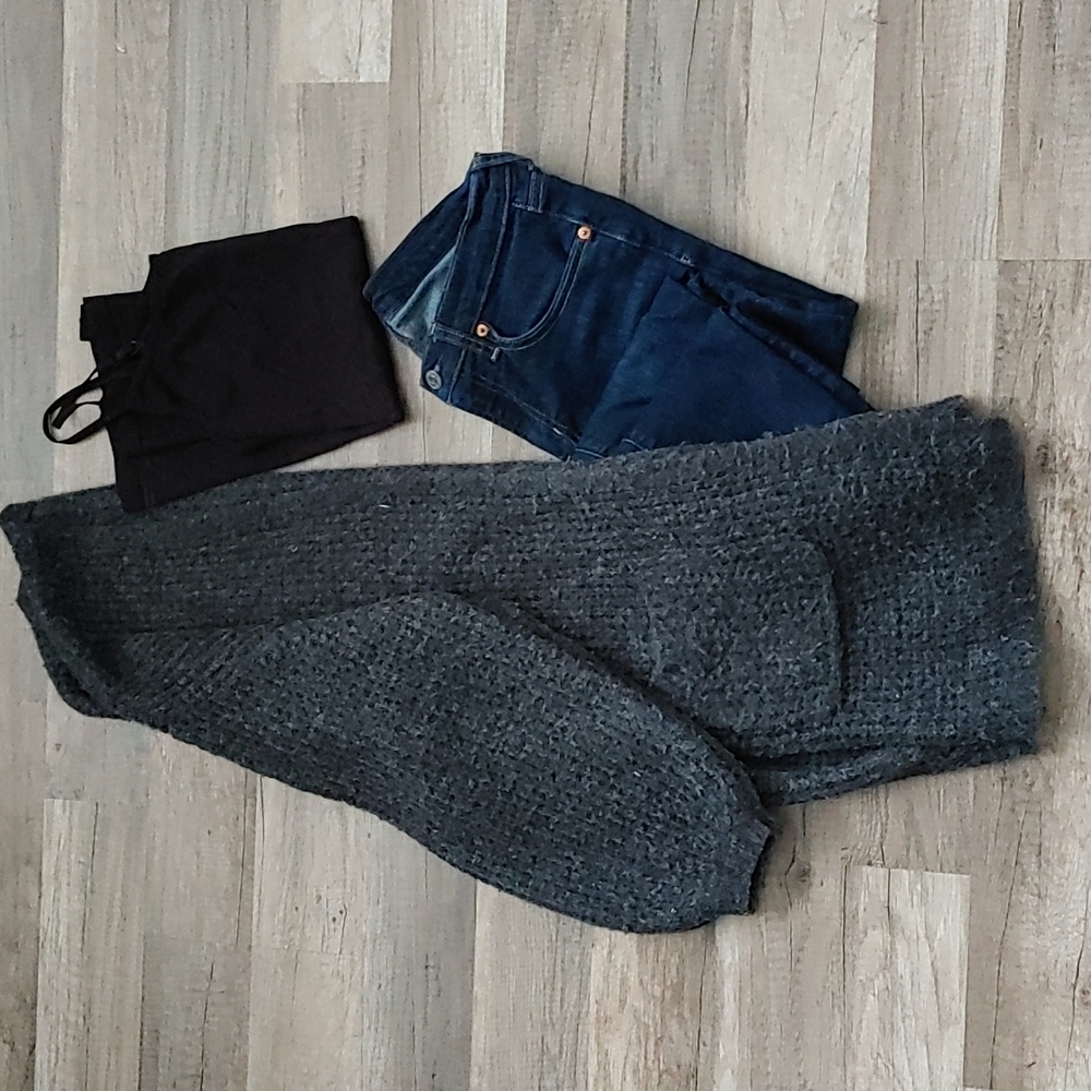 Chunky Grey Cardigan Sweater Bishop Sleeves and Pockets Knit Dreamspun